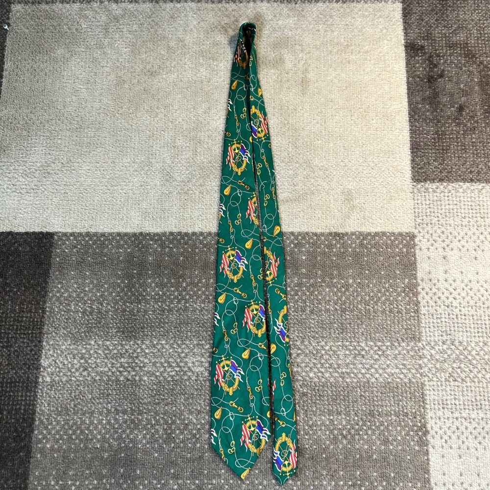 Polo Ralph Lauren Neiman Marcus Green Silk Nautical Flag Anchor Rope Tie Mens
